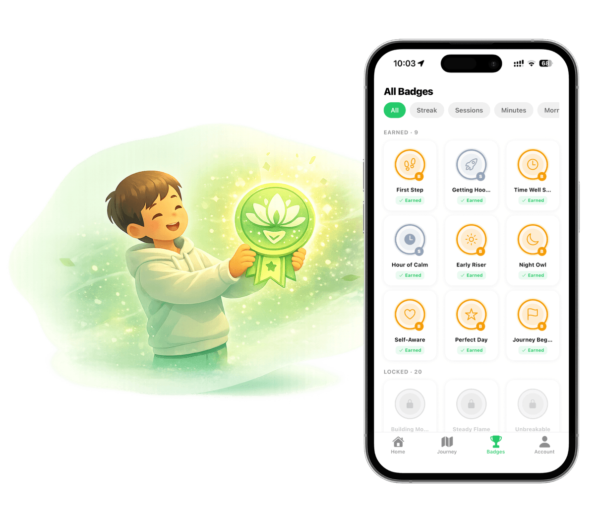 Meditation achievement badges and milestones for streak completion, technique mastery, and mindfulness progress