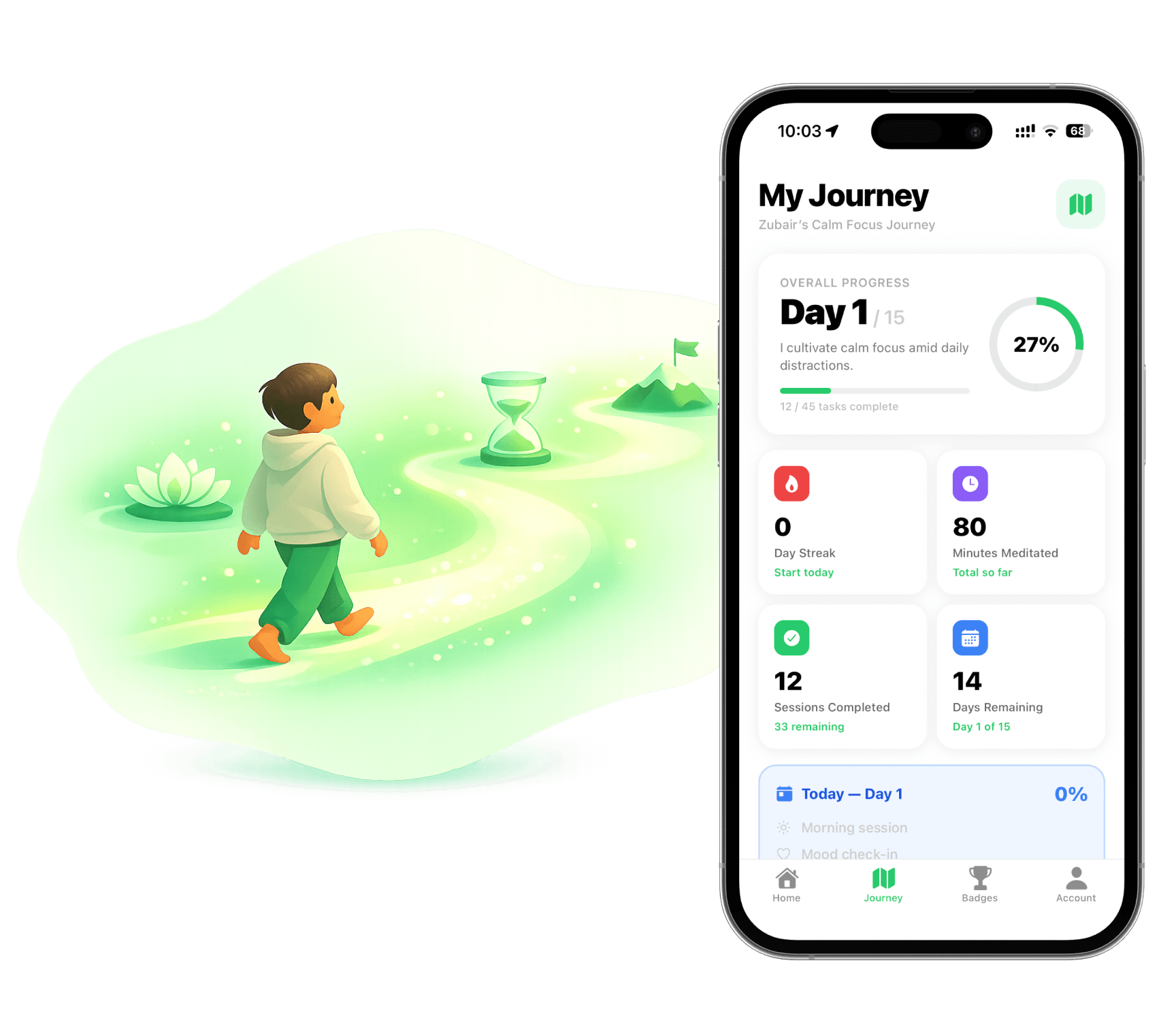 RelaxFrens journey tracking - Meditation streaks, daily tasks, and progress
