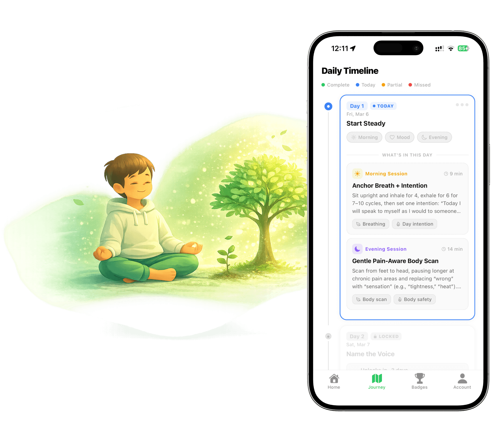 RelaxFrens Daily Timeline - Personalized meditation plan with morning and evening sessions