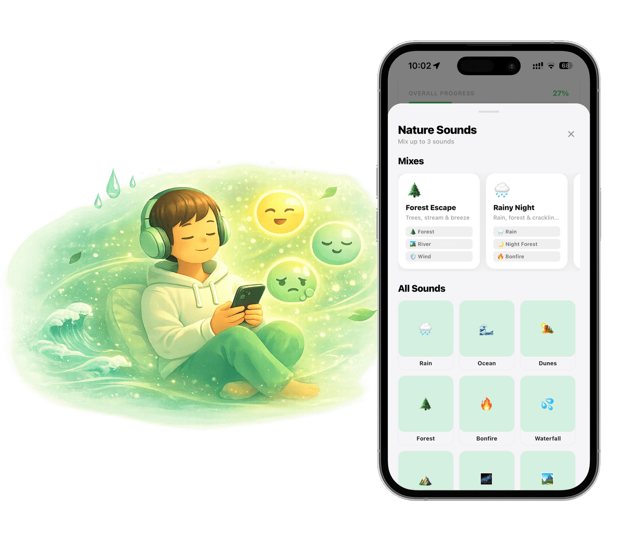 Customizable nature sound mixer with rain, ocean, forest, and bonfire options for meditation and relaxation