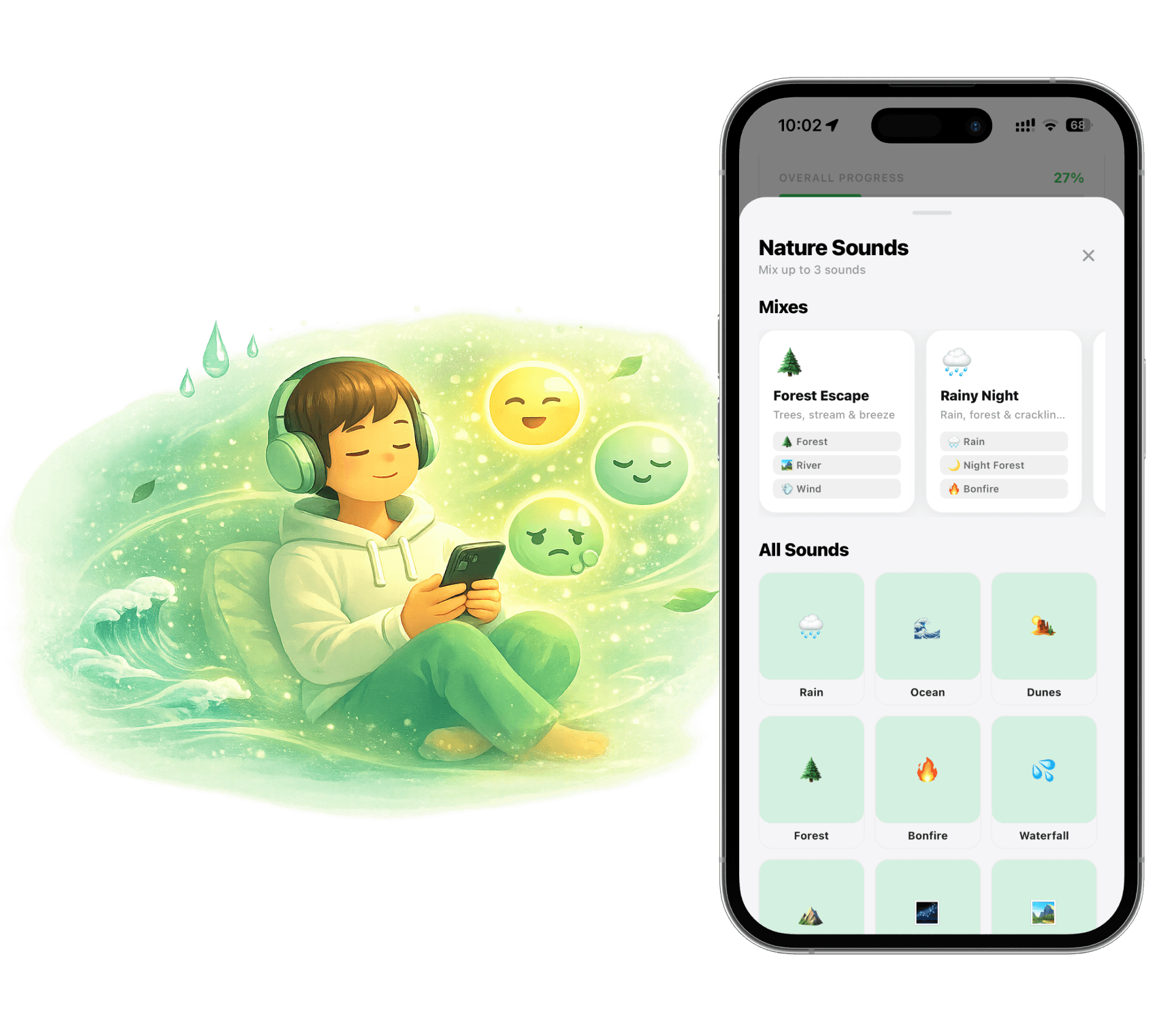 RelaxFrens nature sounds - Mix and match rain, ocean, forest and more for your perfect calm