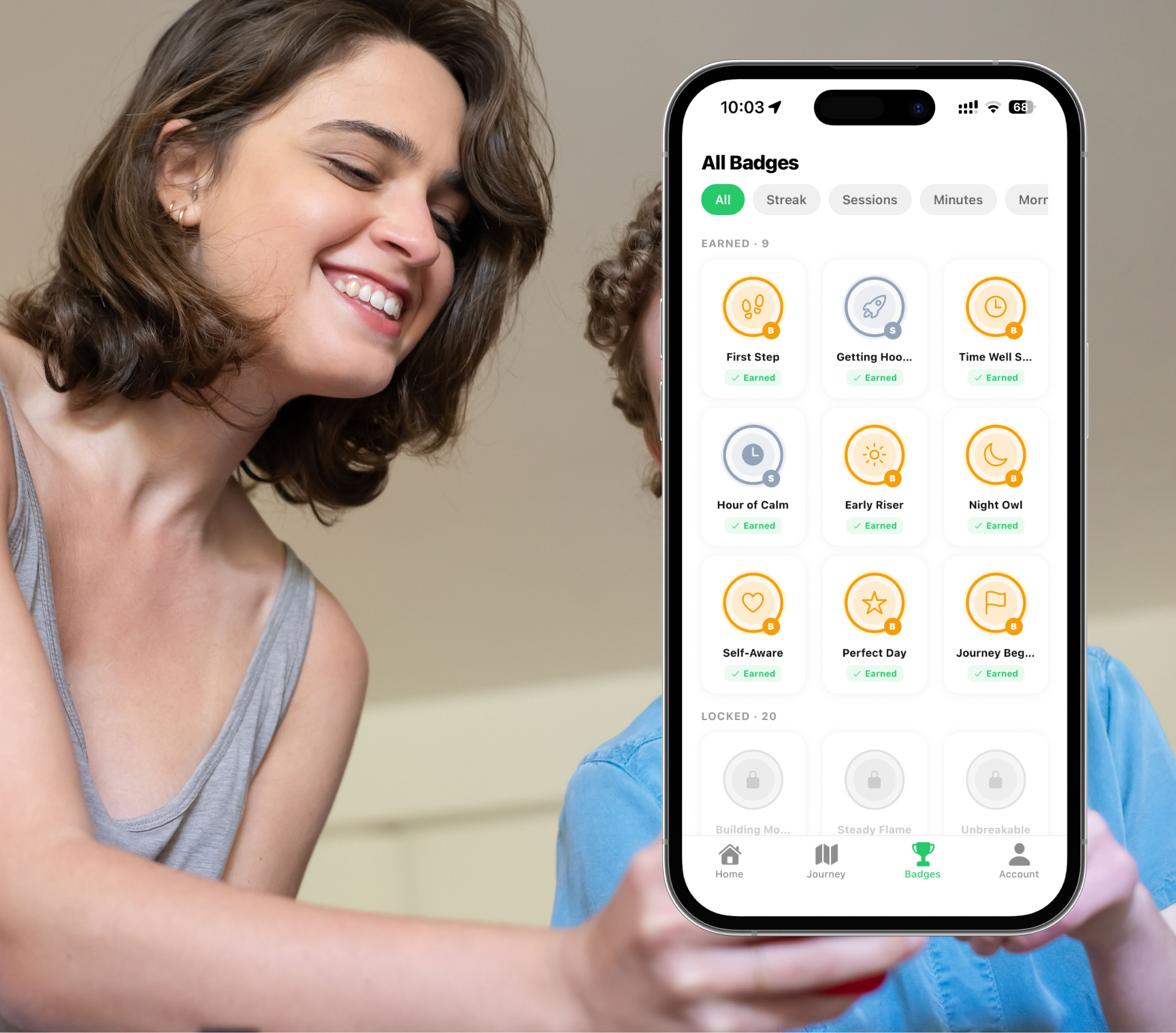 RelaxFrens badges - earn achievements as you progress in your meditation journey