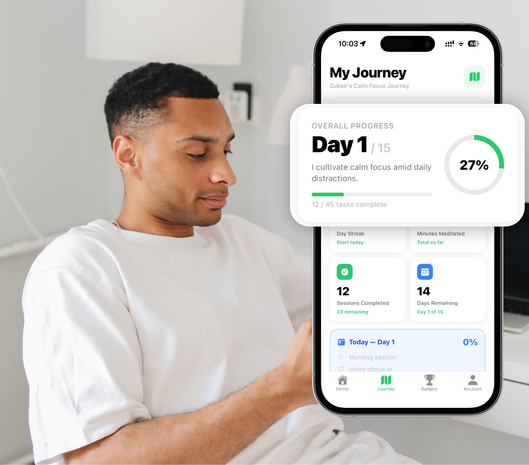 RelaxFrens journey tracking - meditation streaks, daily tasks, and progress