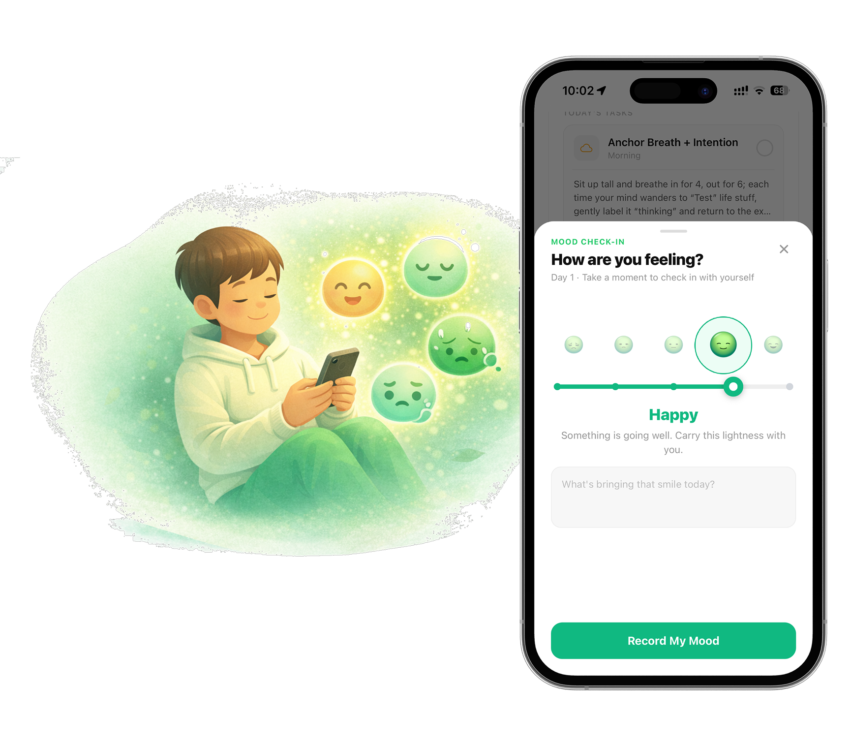 RelaxFrens mood check-in - record your mood daily for personalised meditation sessions