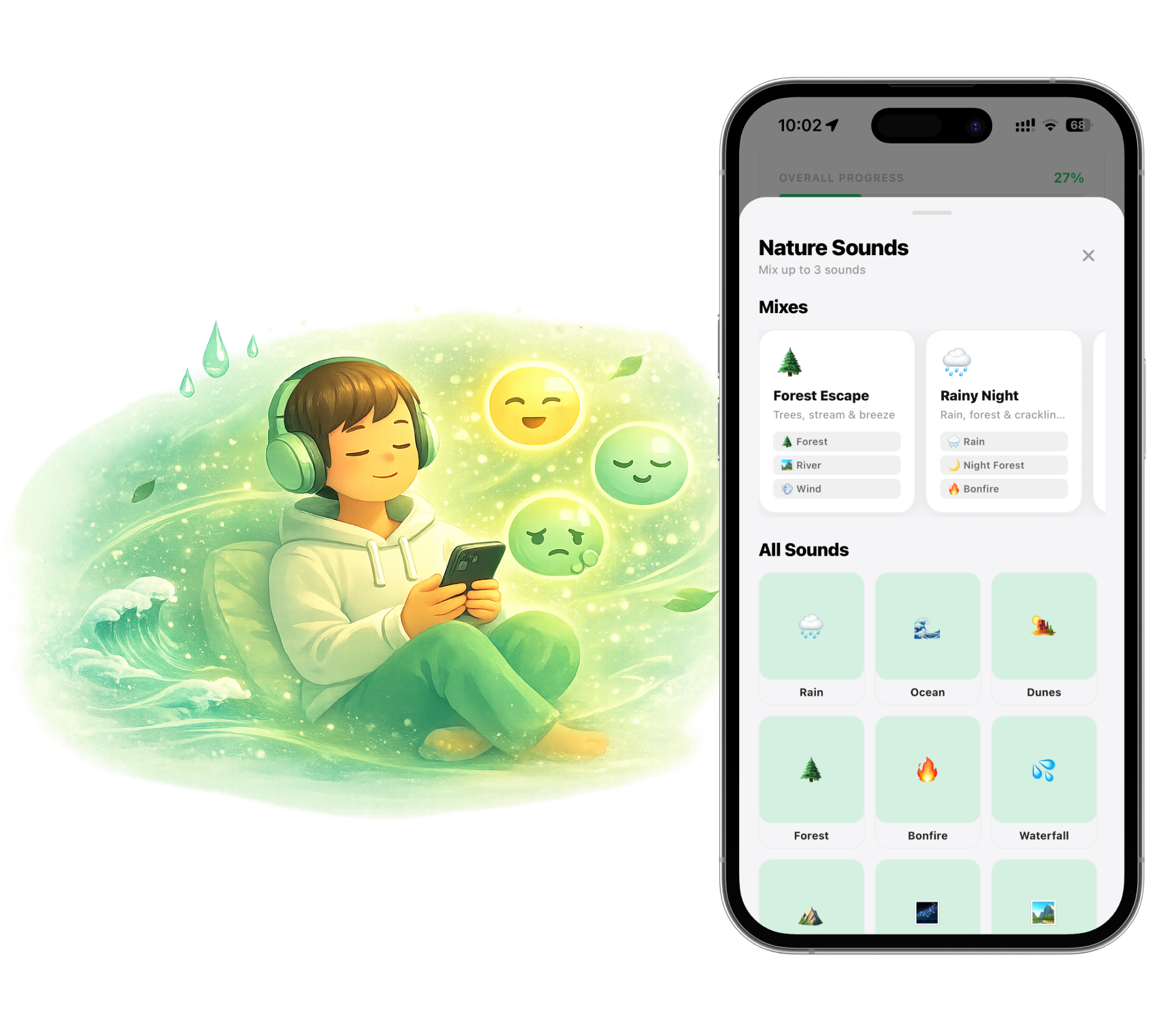 RelaxFrens nature sounds - mix and match rain, ocean, forest and more for your perfect calm